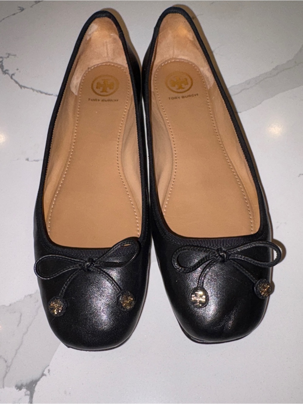 Tory Burch Square Toe Black Leather Bow Flats Sz 9.5